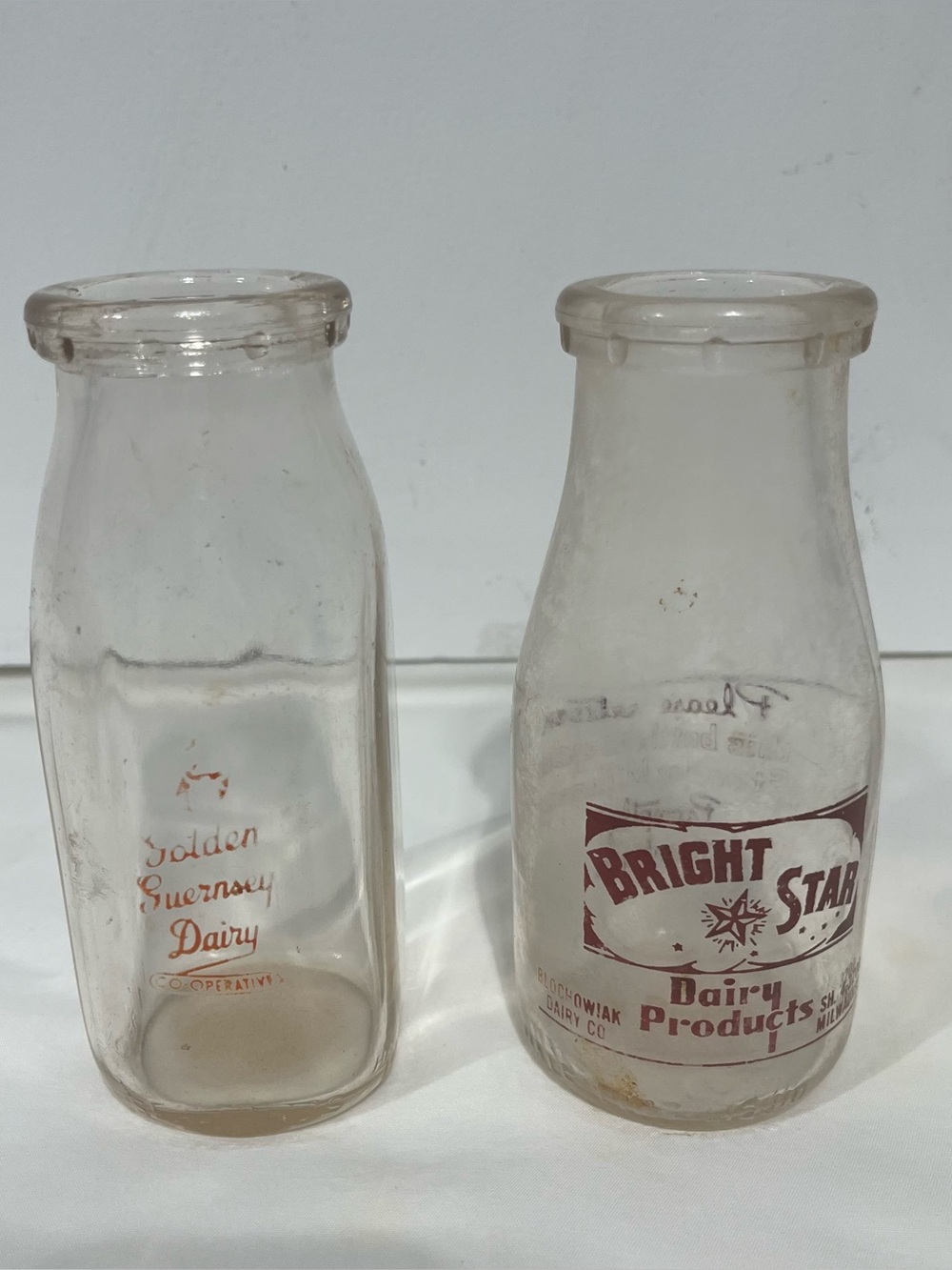 Bright Star & Golden Guernsey Dairy Clear Glass Half Pint Cream/Milk Bottles